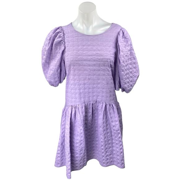 Enghlish Factory Purple Jacquard Short Puff Sleeve Tie Back Mini A-Line Dress L - Picture 1 of 5